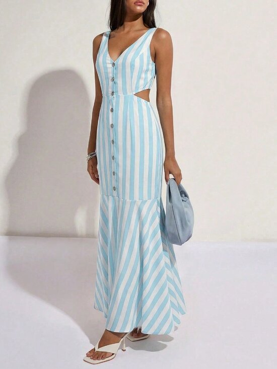 Casual Women's & Striped V-Neck Button detailed Waist Hollow Back Maxi Dress - Picture 5 of 6